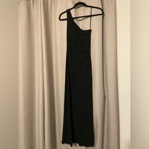 Black One Shoulder Long Formal Gown with Silver Rhinestone detail